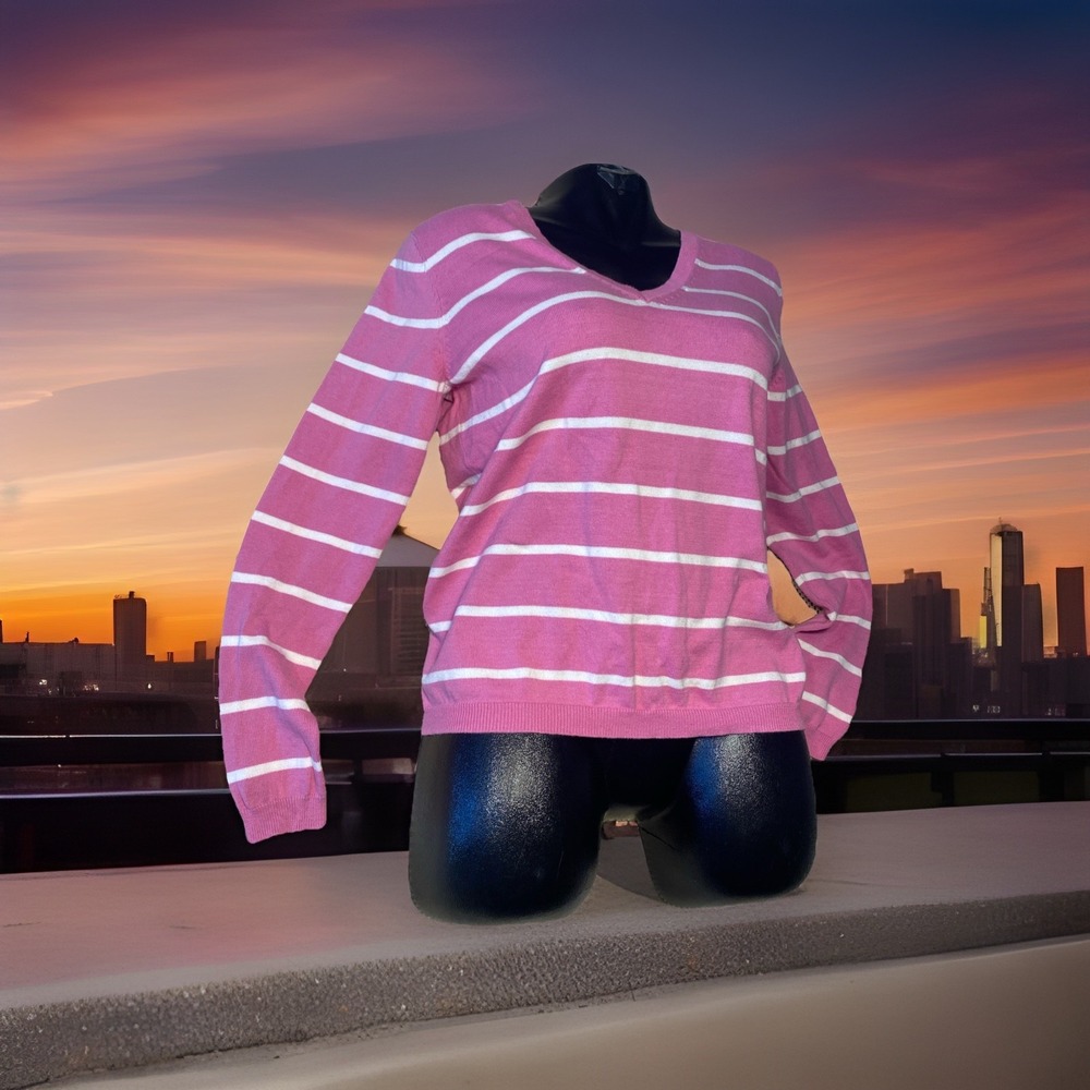Joe Fresh Pink & White Striped V-Neck Sweater Size Lg Barbie Core